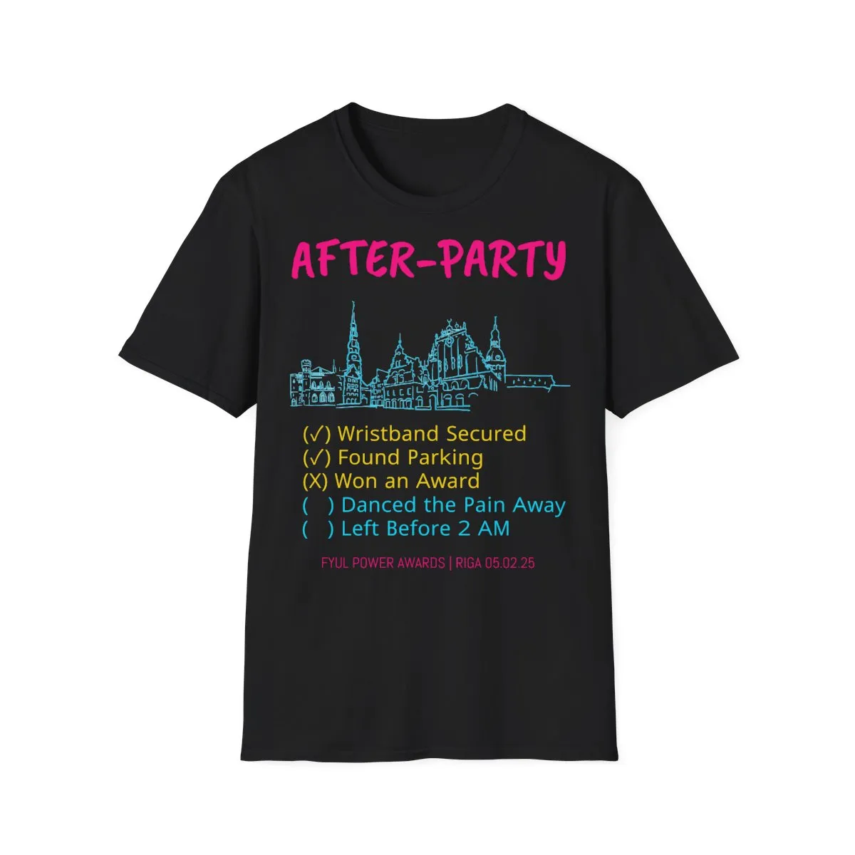 After-Party Checklist T-Shirt — Festival City Skyline Tee product thumbnail image