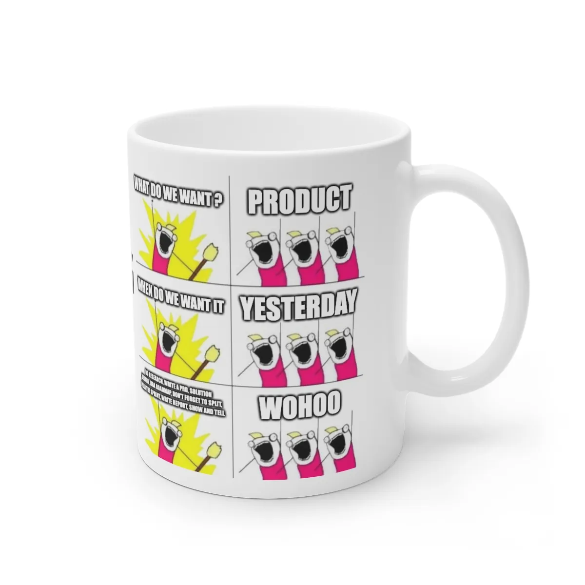 Funny office meme Ceramic Mug — 'What Do We Want?' Graphic Coffee Cup (11oz) product thumbnail image