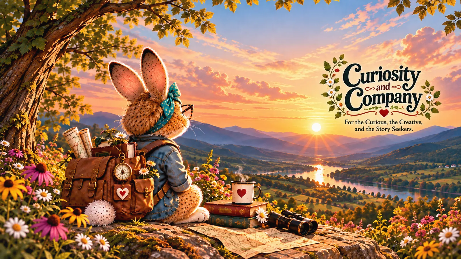Pippa overlooking a sunset valley. Curiosity and Company — For the Curious, the Creative, and the Story Seekers.