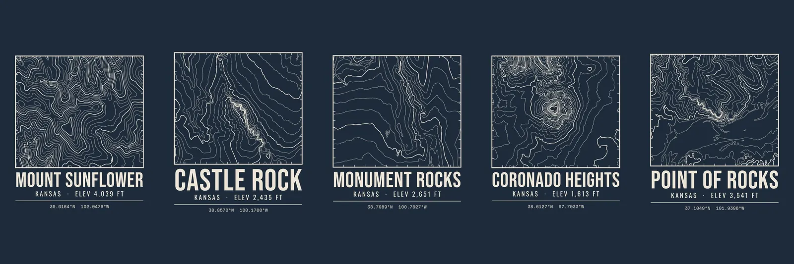 Topographic contour map designs of Mount Sunflower, Castle Rock, Monument Rocks, Coronado Heights and Point of Rocks, Kansas