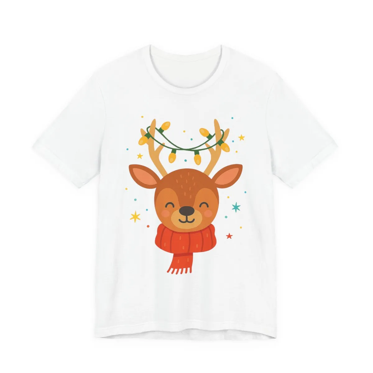 Cute Christmas Reindeer Tee – Festive Deer Face with Scarf &amp; Holiday Lights product thumbnail image