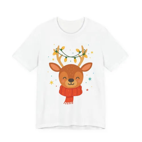 Cute Christmas Reindeer Tee – Festive Deer Face with Scarf &amp; Holiday Lights