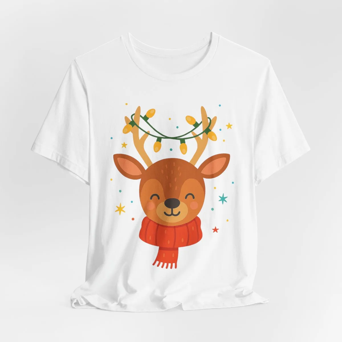 Cute Christmas Reindeer Tee – Festive Deer Face with Scarf &amp; Holiday Lights product thumbnail image